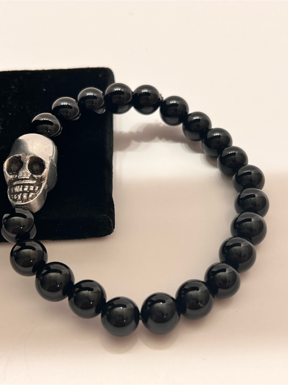 Black Beaded Bracelet with Silver Skull Accent - Men's Jewelry